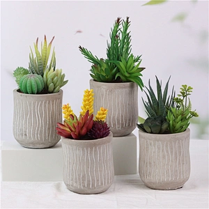 Realistic Plastic Flower in Grey Cement Pot for Table Decoration