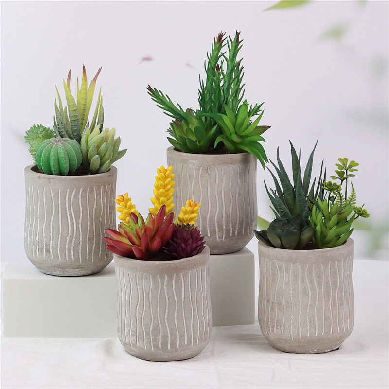 Realistic Plastic Flower in Grey Cement Pot for Table Decoration