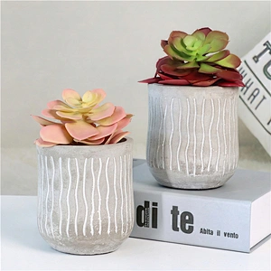 Realistic Plastic Flower in Grey Cement Pot for Table Decoration
