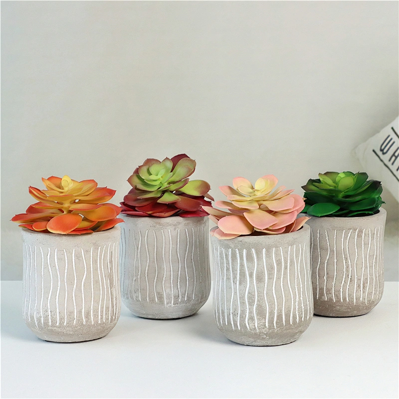Realistic Plastic Flower in Grey Cement Pot for Table Decoration