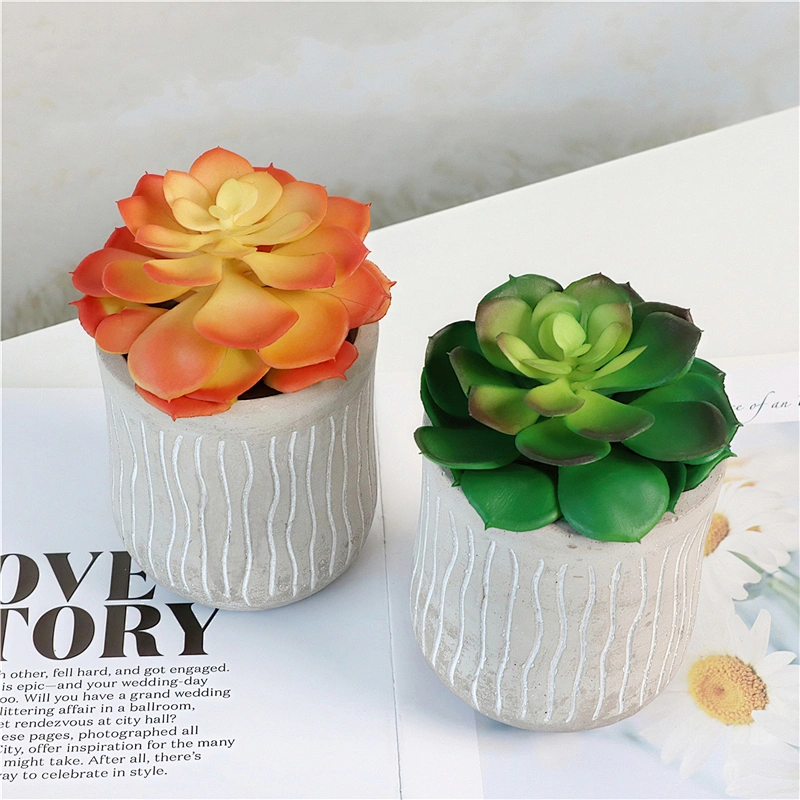 Realistic Plastic Flower in Grey Cement Pot for Table Decoration
