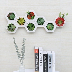 Hanging 3D Hexagon Frame  Plastic Flower Plants Greenery Wall Art