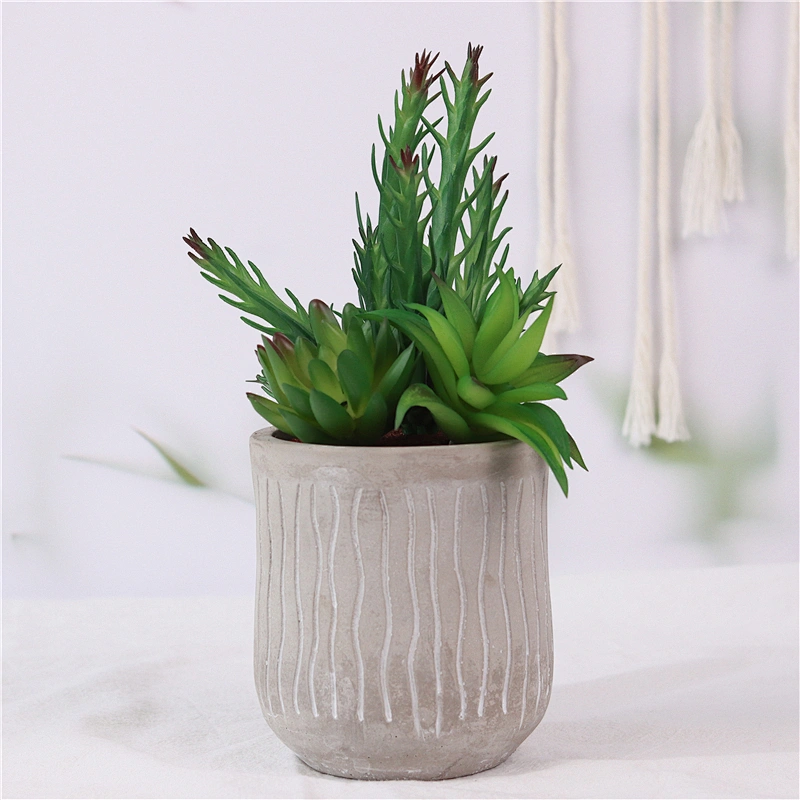 Realistic Plastic Flower in Grey Cement Pot for Table Decoration