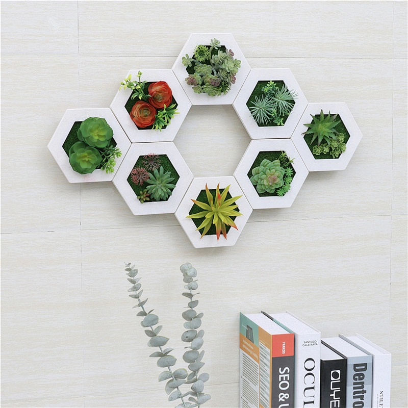Hanging 3D Hexagon Frame  Plastic Flower Plants Greenery Wall Art