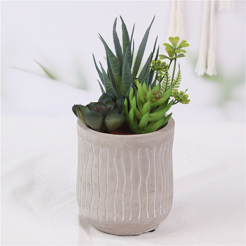 Realistic Plastic Flower in Grey Cement Pot for Table Decoration
