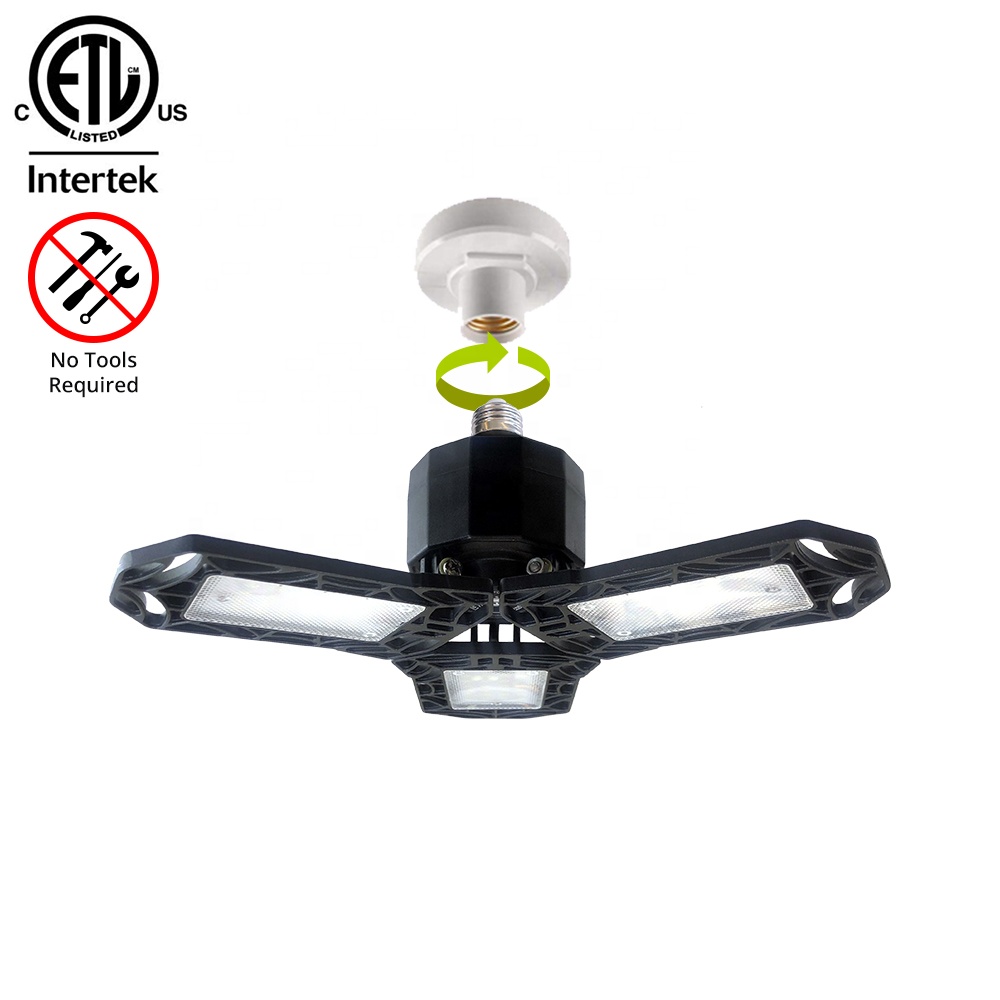 ETL LISTED 6000 Lumens LED Garage Light Deformable E26 base socket led light with 3 adjustable panels 60W