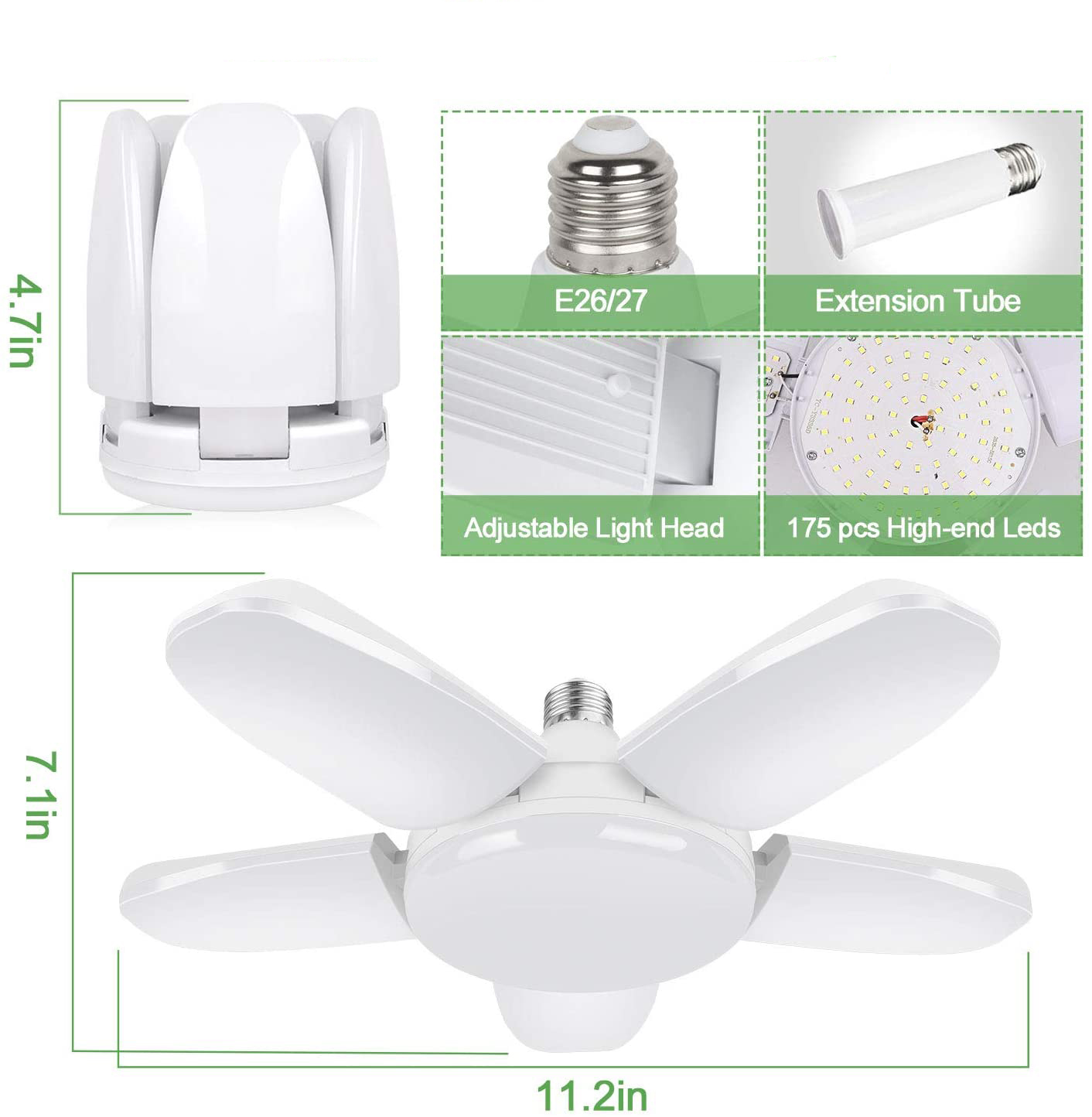 Main Power LED Bulb Ceiling Plastic Garage Light Foldable Fan 5 Panel Adjustable for Basement Garage