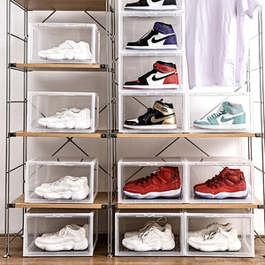 wholesale drawer type Steady Stackable custom logo drop front or Side Open clear giant magnetic Nike shoe box organizer plastic