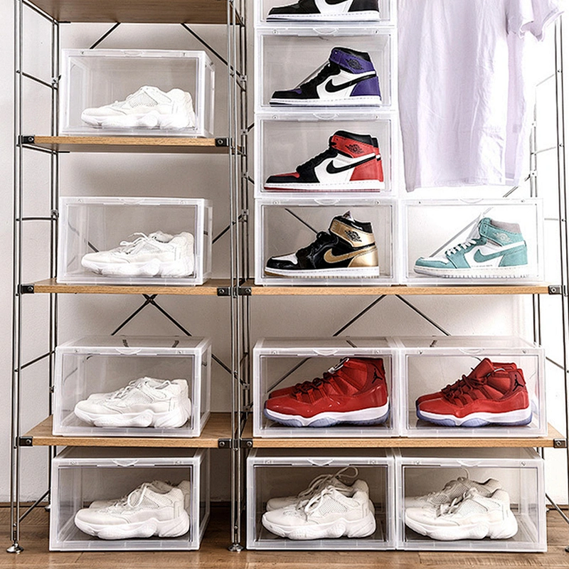 wholesale drawer type Steady Stackable custom logo drop front or Side Open clear giant magnetic Nike shoe box organizer plastic