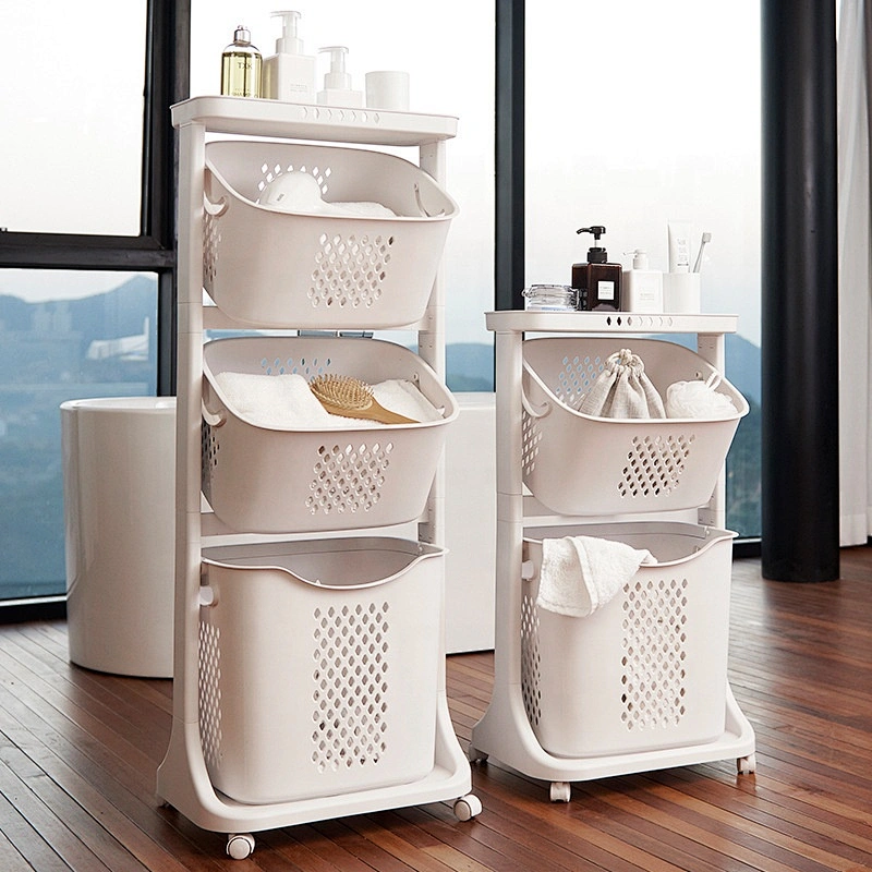 2 tier plastic bathroom storage shelves stacking basket laundry racks
