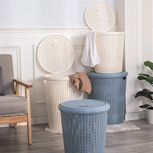 houseware bath round plastic organizer container dirty laundry basket with lid for storage