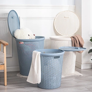 houseware bath round plastic organizer container dirty laundry basket with lid for storage