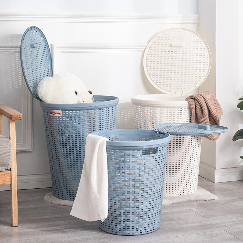 houseware bath round plastic organizer container dirty laundry basket with lid for storage