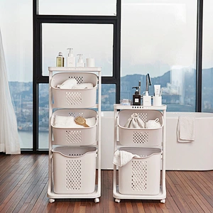 2 tier plastic bathroom storage shelves stacking basket laundry racks