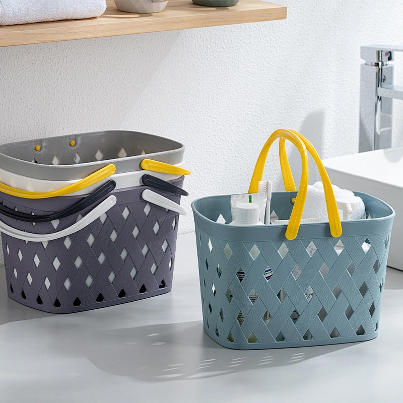 New design Cute bath plastic picnic storage wicker rattan mesh small bathroom basket organizer with handle for gifts