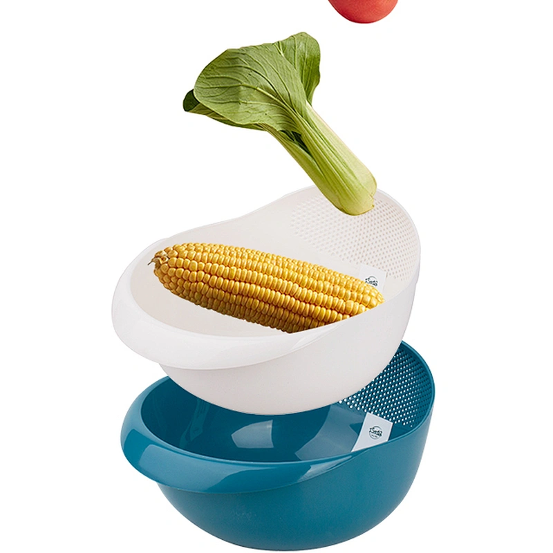 Amazon hot selling Fashionable Kitchen Double-layer Design Portable Drain Basket Vegetable and Fruit Basket Filter Bowl Set