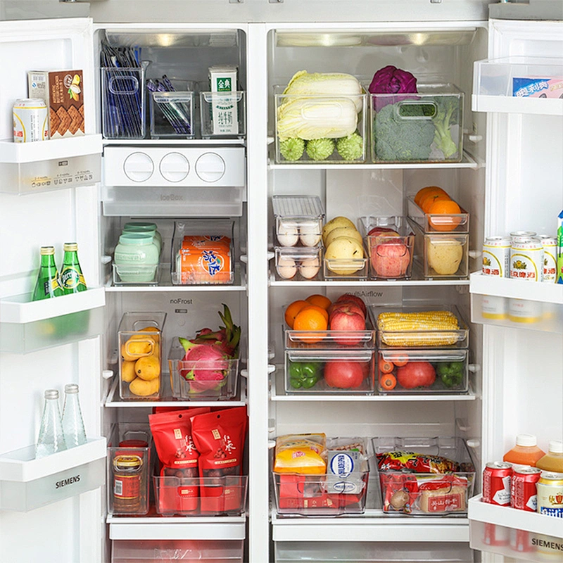 clear stackable plastic kitchen fridge storage organizer drawer box refrigerator food container boxes bins rack with Handles