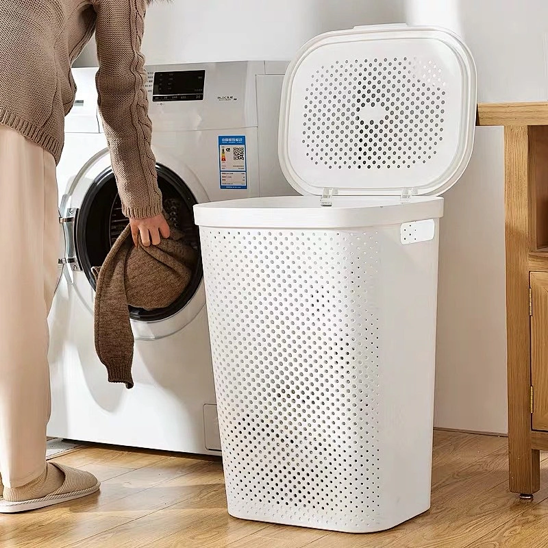 houseware bath waterproof stackable plastic organizer dirty laundry basket with lid for storage