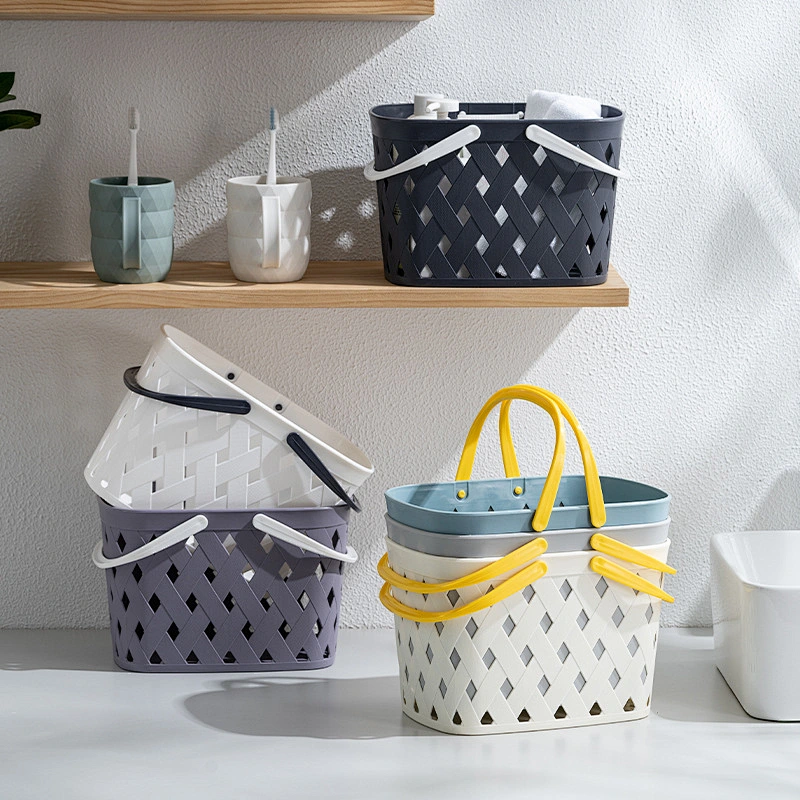 New design Cute bath plastic picnic storage wicker rattan mesh small bathroom basket organizer with handle for gifts