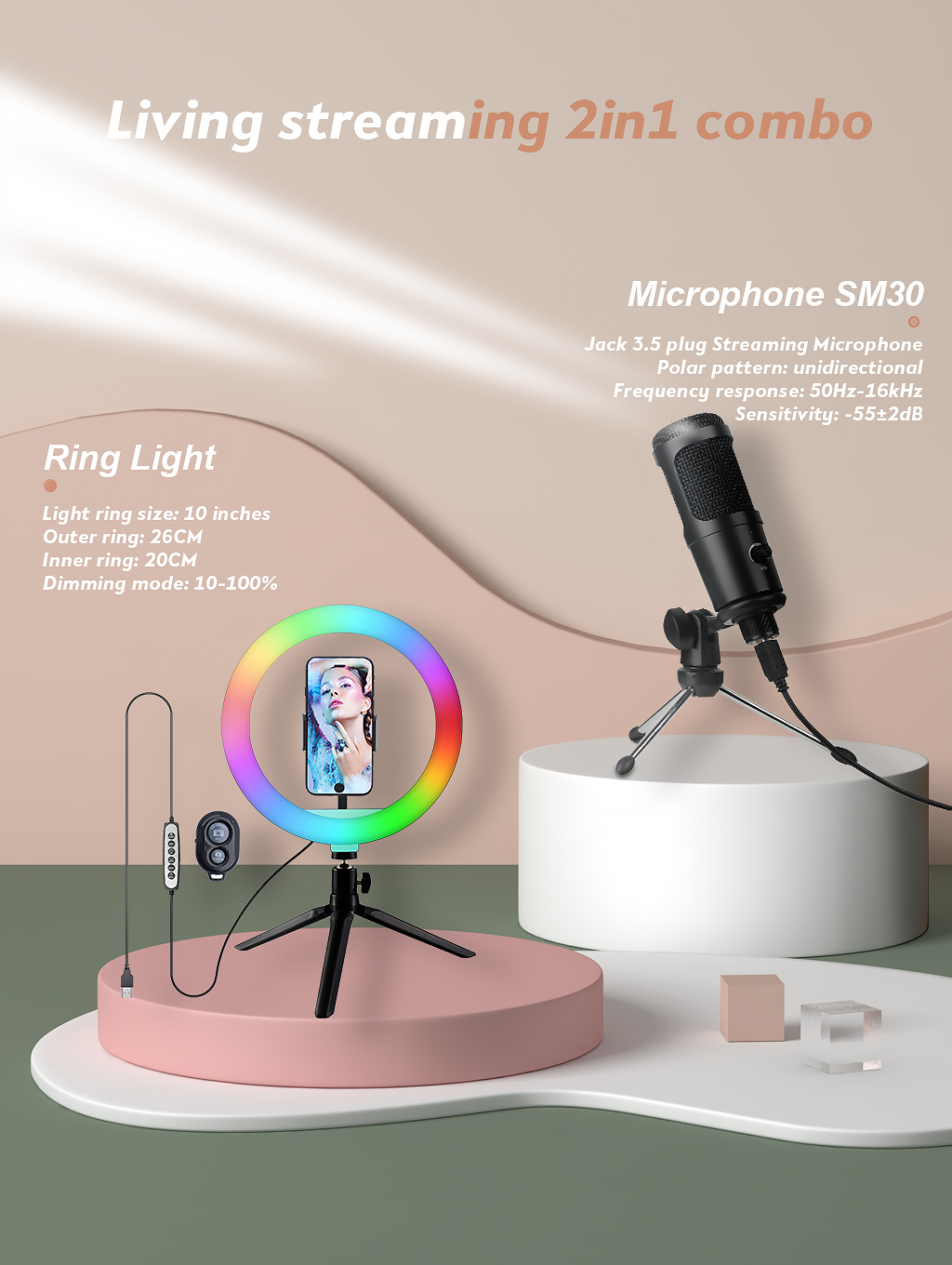  48KHZ/16Bit RGB USB Streaming Microphone  * Directivity: Single * Sensitivity: -41 +2dB (0dB=1V/Pa, 1KHz)  * Frequency response: 15HZ-20KHZ * Output impedance: 680 ohms * Current consumption: <500mA * Power supply mode: USB power supply (5VDC) * Output interface: USB interface * Signal noise ratio: >58dB(SPL=1 Pa,1 KHz ,A- weighting) * Cable: 2.5 meters * Microphone tube material: zinc alloy   * One button mute * Press mute button for 3 seconds to reverberation model * 8 Colors RGB  Rainbow Light Effect * Recording Monitoring 