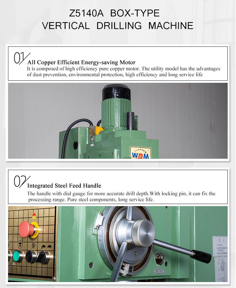 Square-column vertical drilling machine is a universal general machine.It is used for counter-sinking,spotfacing drilling,tapping,boring,reaming,etc.The machine has catch the function of tap-automatically reversing device,which is suitable for tapping of blind and determined holes.