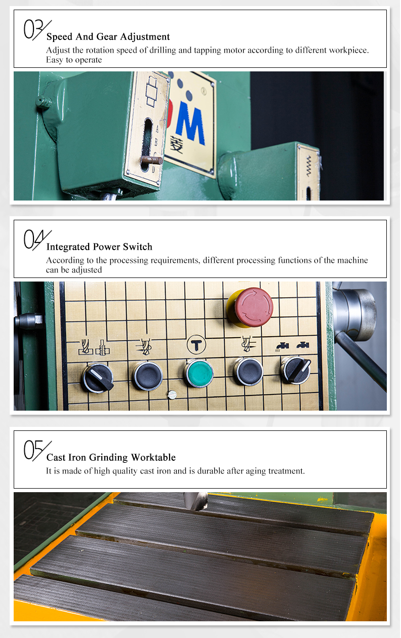 Square-column vertical drilling machine is a universal general machine.It is used for counter-sinking,spotfacing drilling,tapping,boring,reaming,etc.The machine has catch the function of tap-automatically reversing device,which is suitable for tapping of blind and determined holes.