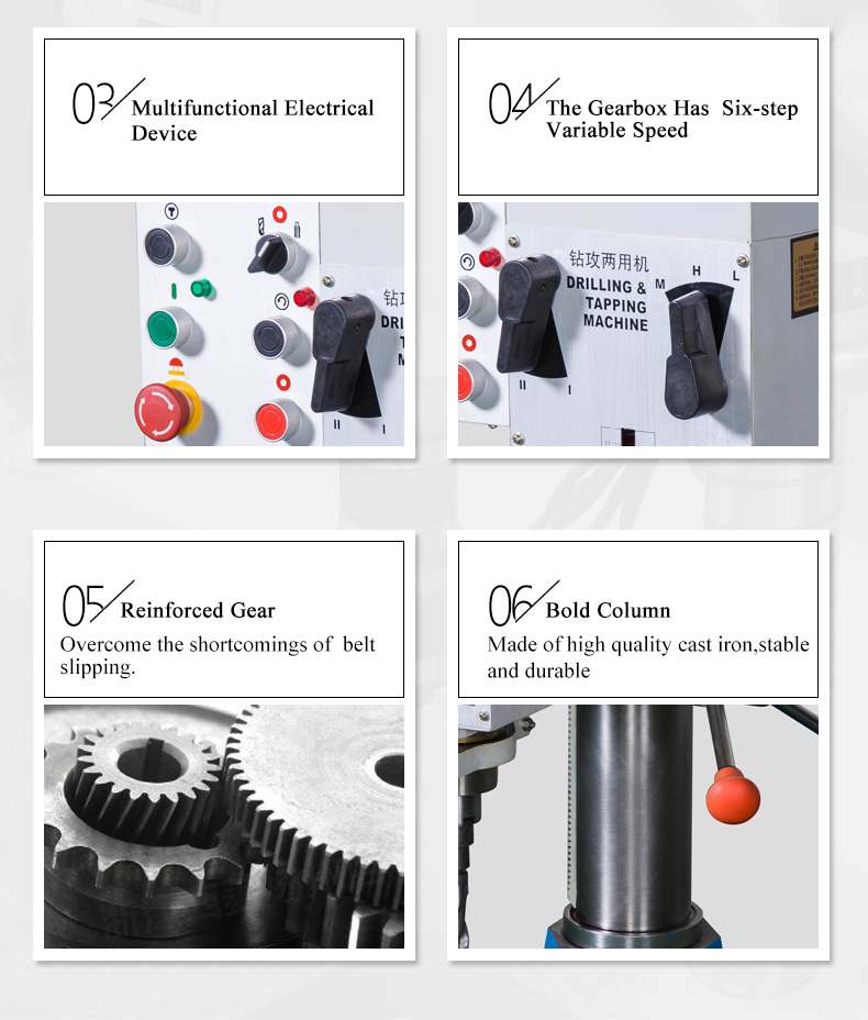 The machine adopt gear driving and the driving moment is strong.The machine has the six series speed variable feature,which can be widely for processing to kinds of common hard&soft material.