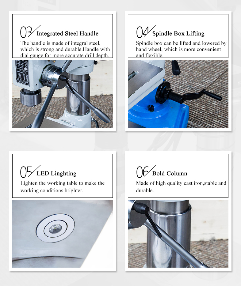 Usingfamous electrical equipment ,stable featureand everlasting.Change easily between drilling and tapping..Special spindle design and arbor make sure chuck connections.