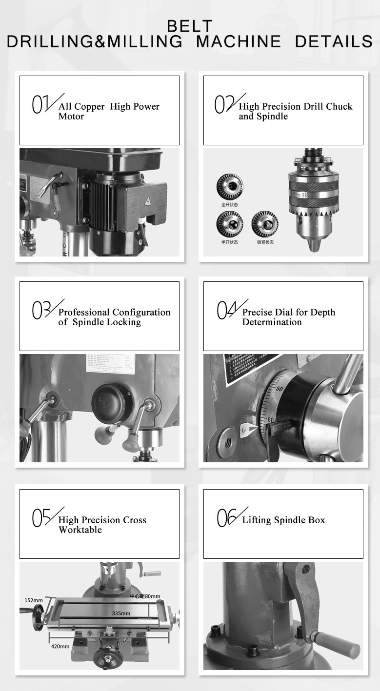 The machine tool adopts gear transmission.Large transmission torque is suitable for drilling,reaming and tapping on various common materials.