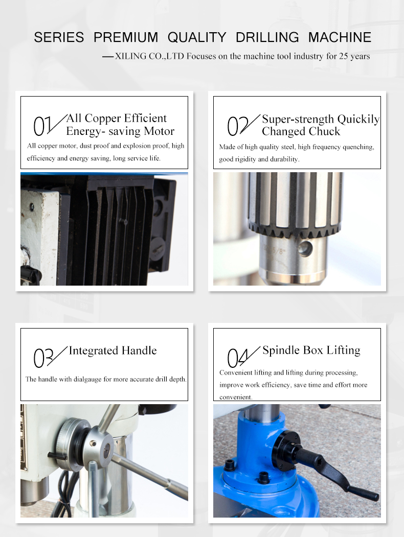 Headstock,column and base are made of high quality cast iron,and after aging treatment,stable and strong,durable.High precision,high speed,widely used in instruments,meters and cameras and other industries.