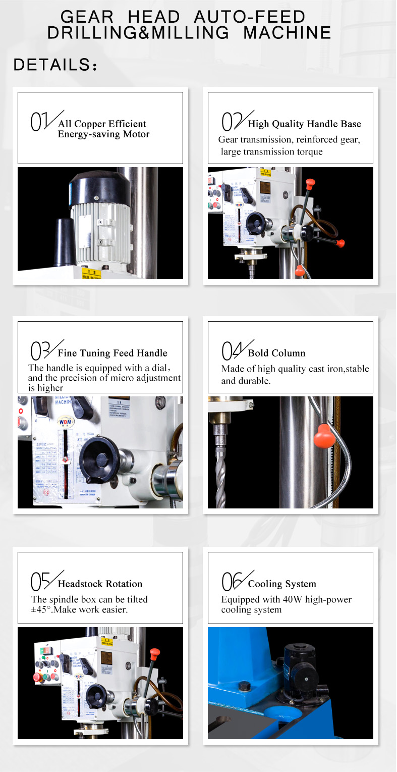 Spindle box can be manually or fretting.The machine tool adopts gear transmission.Large transmission torque is suitable for drilling,reaming and tapping on various common materials.