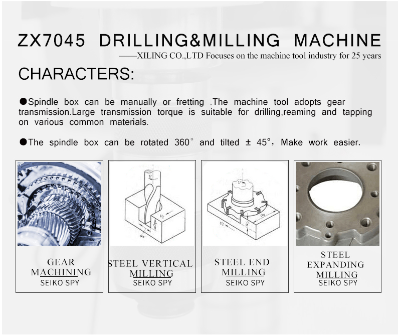 Spindle box can be manually or fretting.The machine tool adopts gear transmission.Large transmission torque is suitable for drilling,reaming and tapping on various common materials.