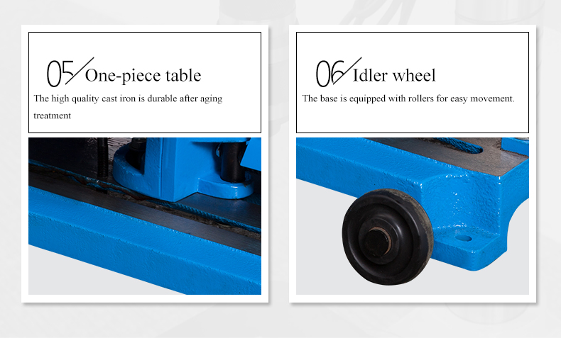 Both the body and base use high quality cast iron,strong and everlasting.The handle can match for special switch,safety and reliable.There are wheels on base which can moving casily.Using high quality fiber strengthen grinding flat,safety and realible.