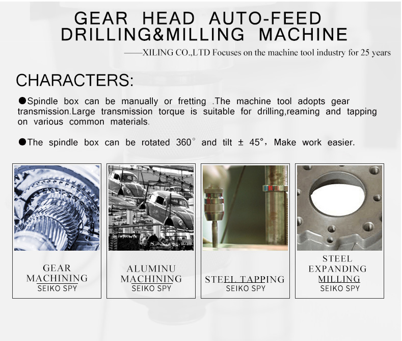 Spindle box can be manually or fretting.The machine tool adopts gear transmission.Large transmission torque is suitable for drilling,reaming and tapping on various common materials.