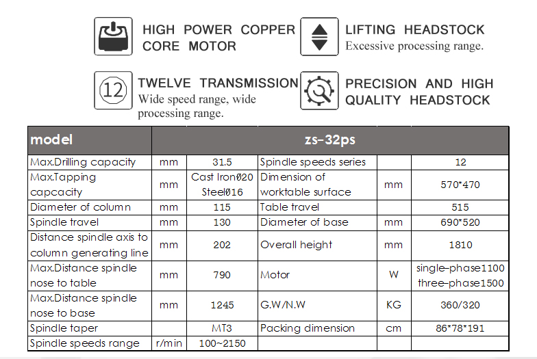 The machine adopt belt driving and the nois low,the machine can drill,enlarge,ream and tap.The machine has the twelve-series speed variable feature,which can be widely fit for processing to kinds of common hard&soft material.