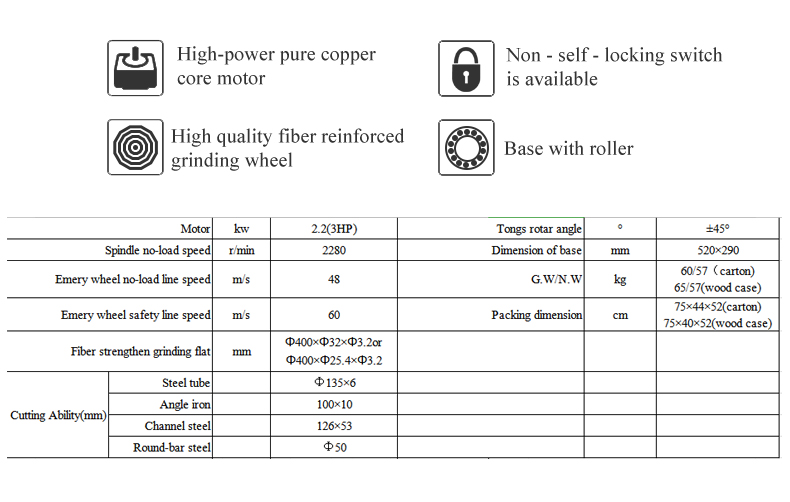 Both the body and base use high quality cast iron,strong and everlasting.The handle can match for special switch,safety and reliable.There are wheels on base which can moving casily.Using high quality fiber strengthen grinding flat,safety and realible.