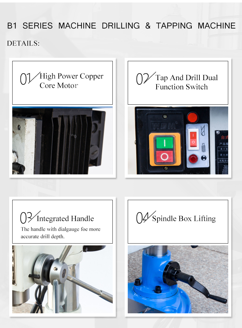 Headstock, column and base are made of high quality cast iron, and after aging treatment, stable and strong, durable; High precision, high speed, widely used in instruments, meters and cameras and other industries.