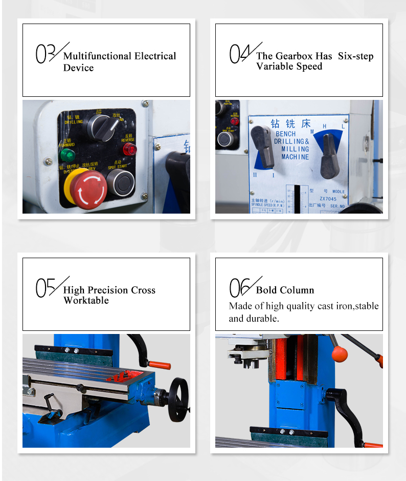 Spindle box can be manually or fretting.The machine tool adopts gear transmission.Large transmission torque is suitable for drilling,reaming and tapping on various common materials.