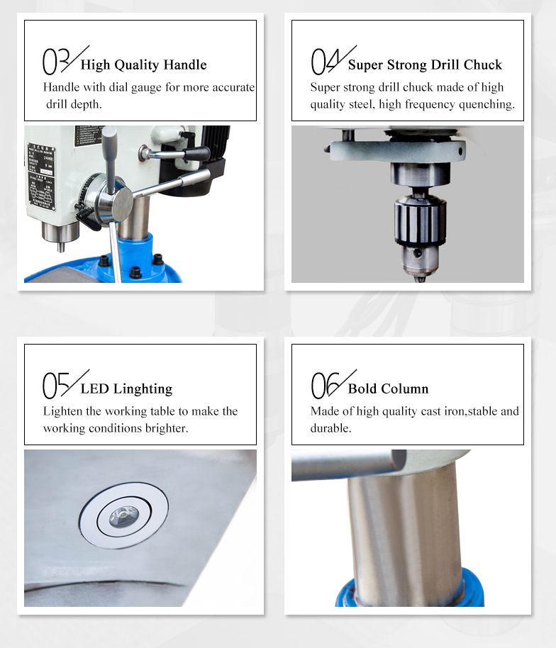 The headstock,column and base are all made of high-quality iron casting,and after aging treatment,they are stable and durable.Widely uesd in wood,instrument,camera and other industries.