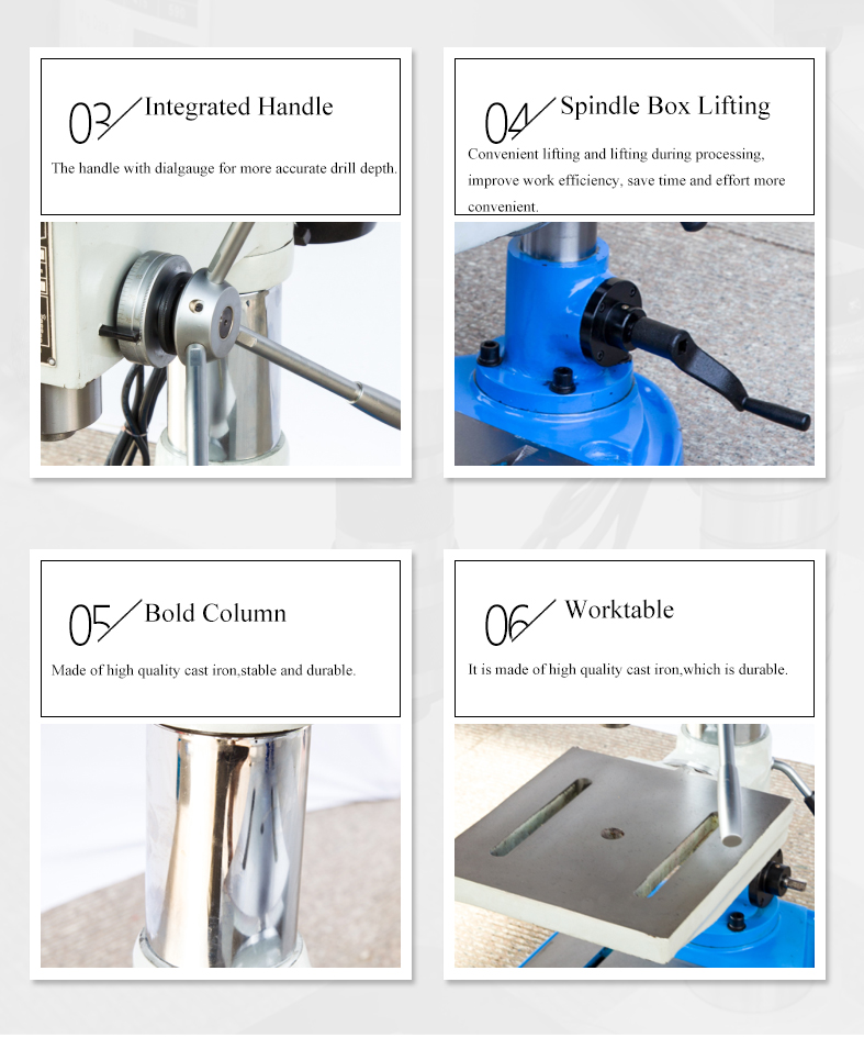 Headstock,column and base are made of high quality cast iron,and after aging treatment,stable and strong,durable.High precision,high speed,widely used in instruments,meters and cameras and other industries.