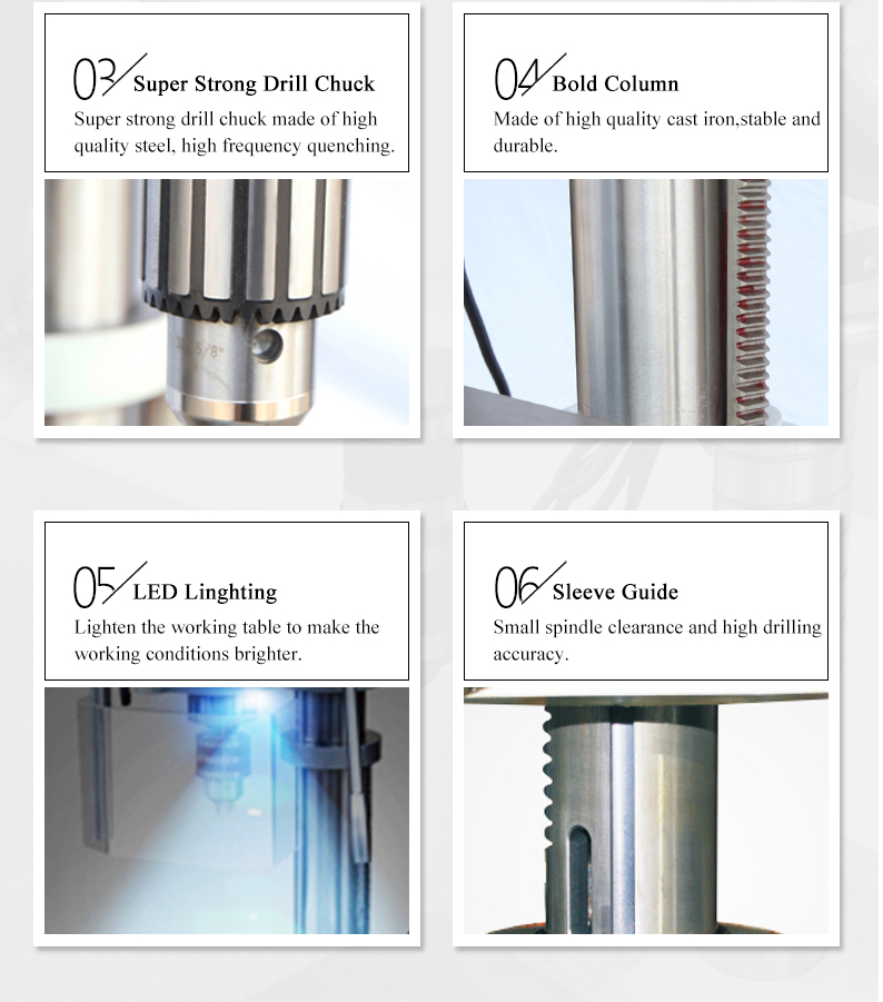 All copper efficient energy-saving motor.The handle with dial gauge for more accurate drill depth.Super strong drill chuck made of high quality steel,high frequency quencling.