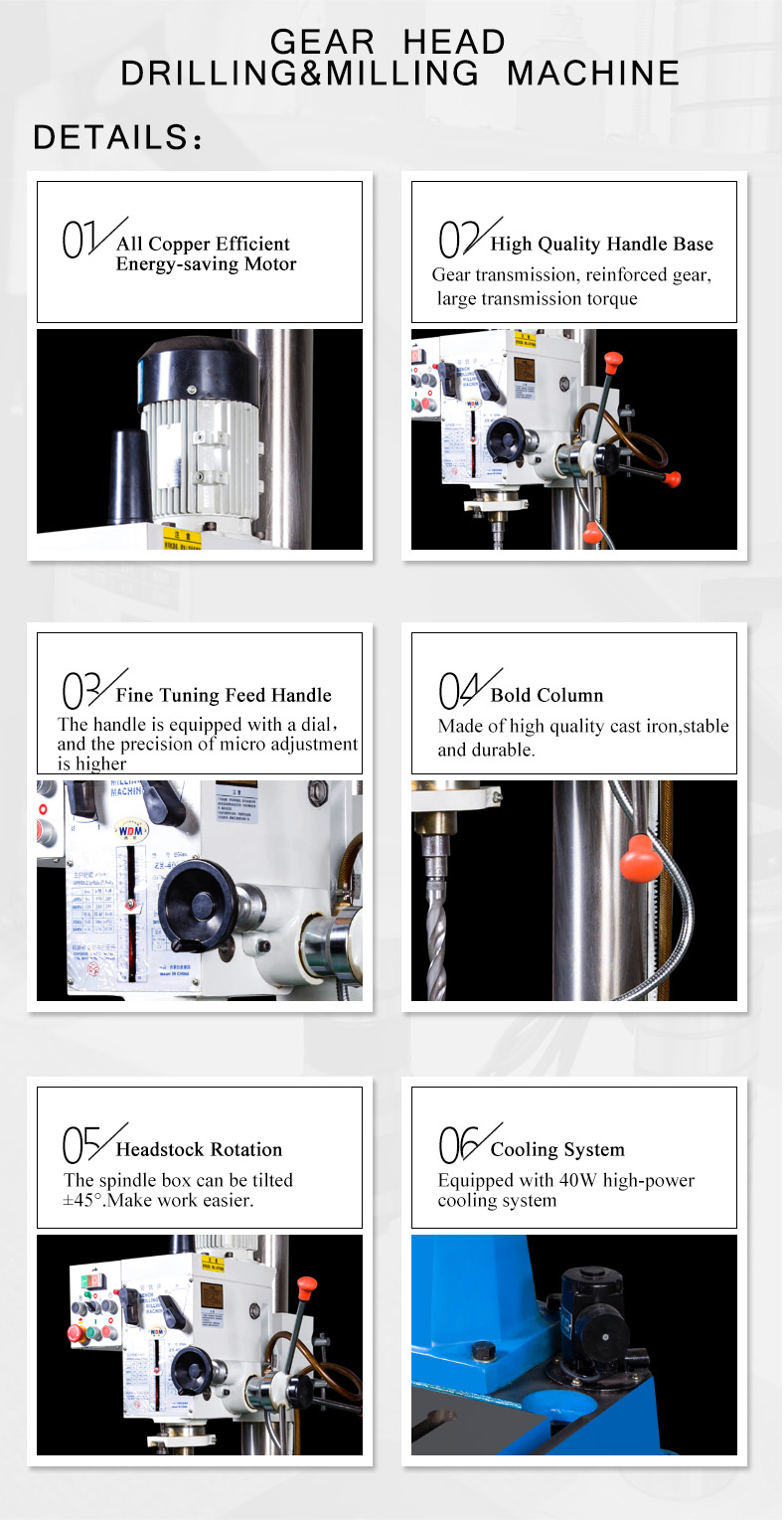 Spindle box can be manually or fretting.The machine tool adopts gear transmission.Large transmission torque is suitable for drilling,reaming and tapping on various common materials.