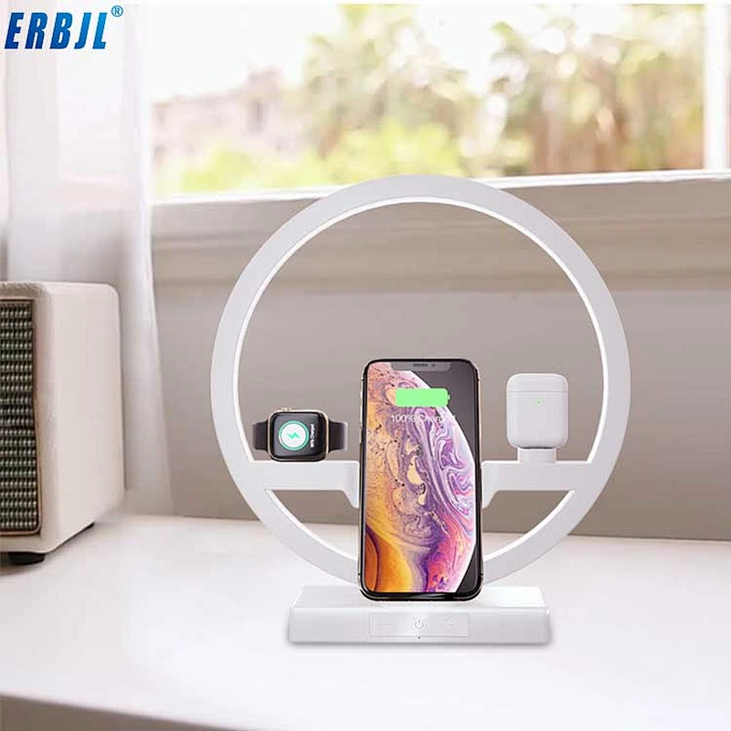 2019 hot sales 10W 4 in1 function 2 Coil Charger with Small Lamp N38 wireless charger for earphone watch Mobile Phone Charging