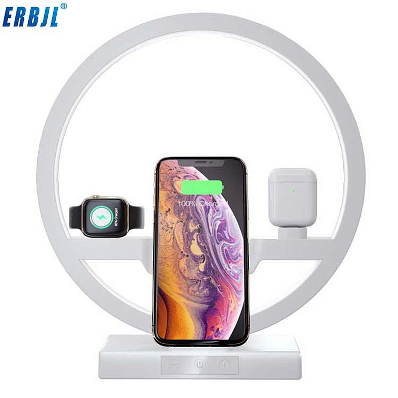 2019 hot sales 10W 4 in1 function 2 Coil Charger with Small Lamp N38 wireless charger for earphone watch Mobile Phone Charging