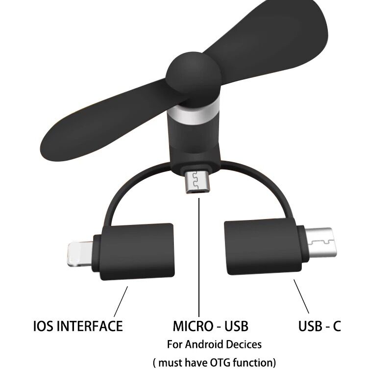 3 in 1 type-c fan portable mobile phone usb mini  fan for iphone and for android