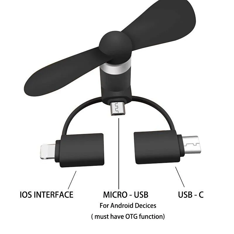 3 in 1 type-c fan portable mobile phone usb mini  fan for iphone and for android