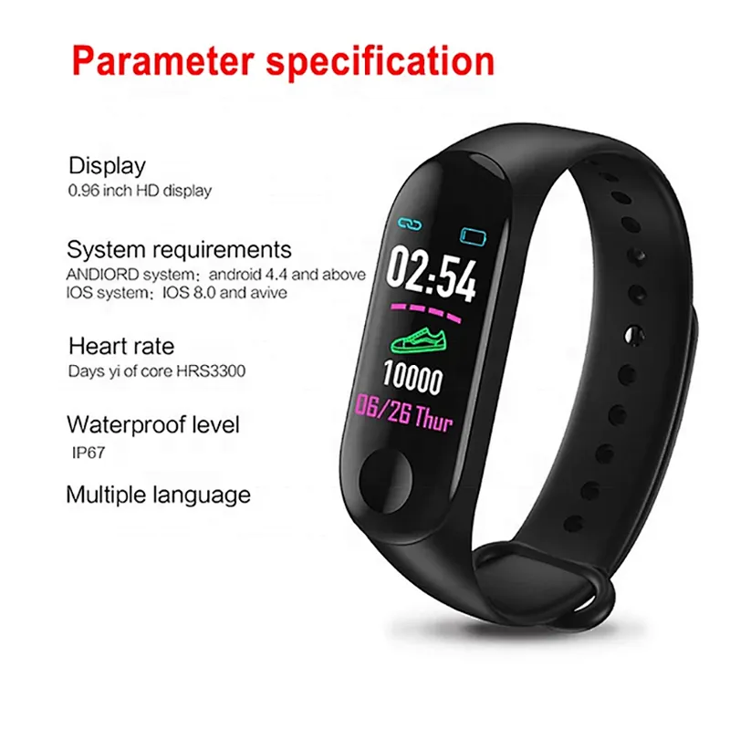 message push  M3 smart bracelet Heart rate and blood pressure monitoring smart bracelet