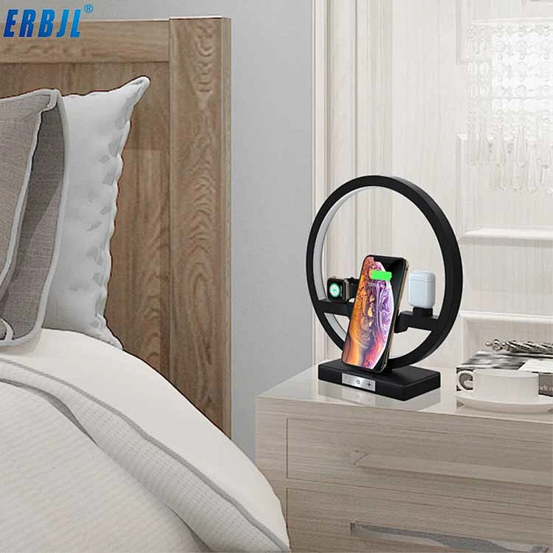 2019 hot sales 10W 4 in1 function 2 Coil Charger with Small Lamp N38 wireless charger for earphone watch Mobile Phone Charging