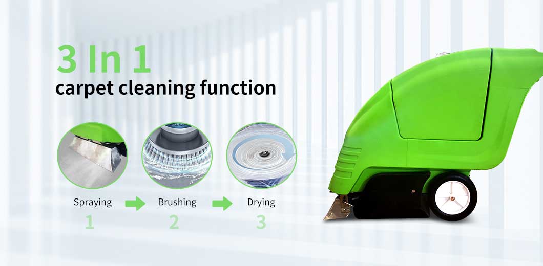 BT-EB321 3-in-1 carpet cleaner spraying, brushing, and drying process