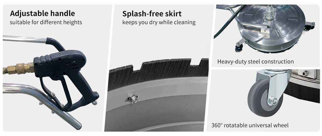 Splash-free skirt and adjustable handle of professional floor cleaning unit